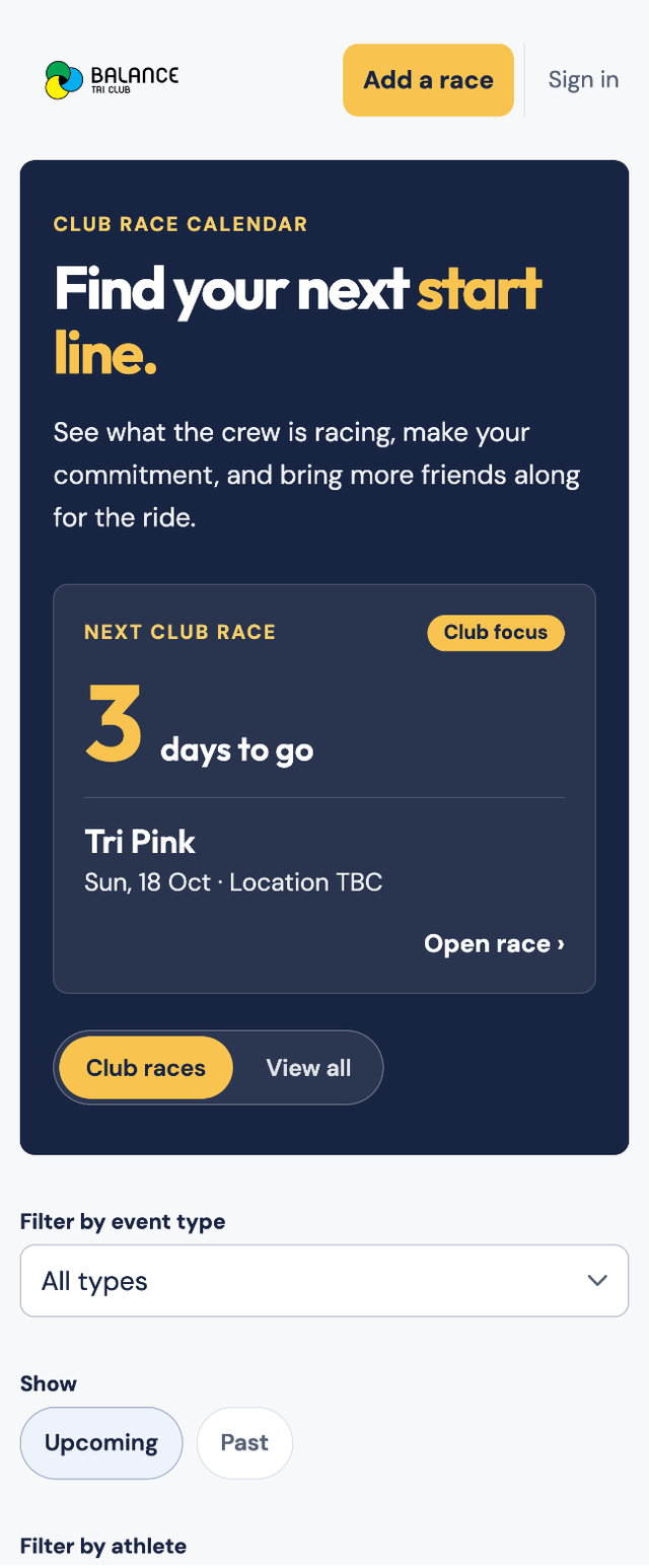 The calendar home with the next club race, the Club races and View all toggle, and filters