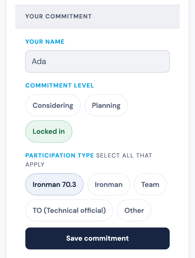 The commitment form with level and participation type choices