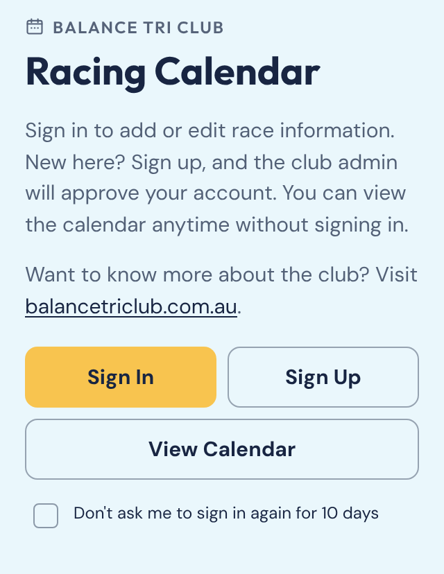 The welcome screen with Sign In, Sign Up and View Calendar buttons