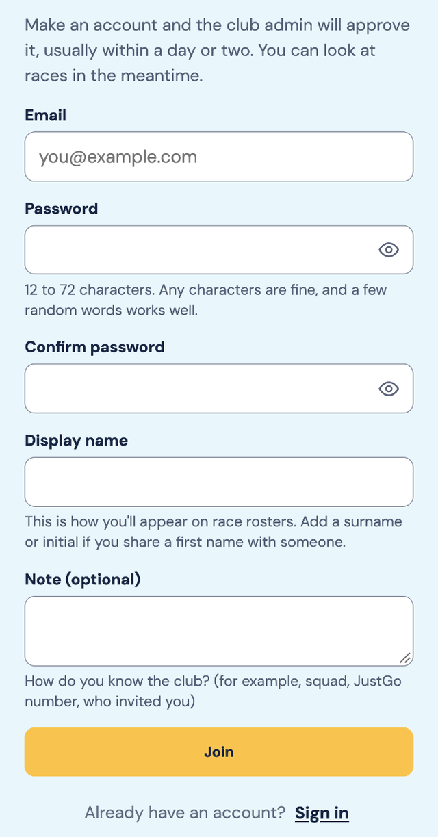 The Join the club form