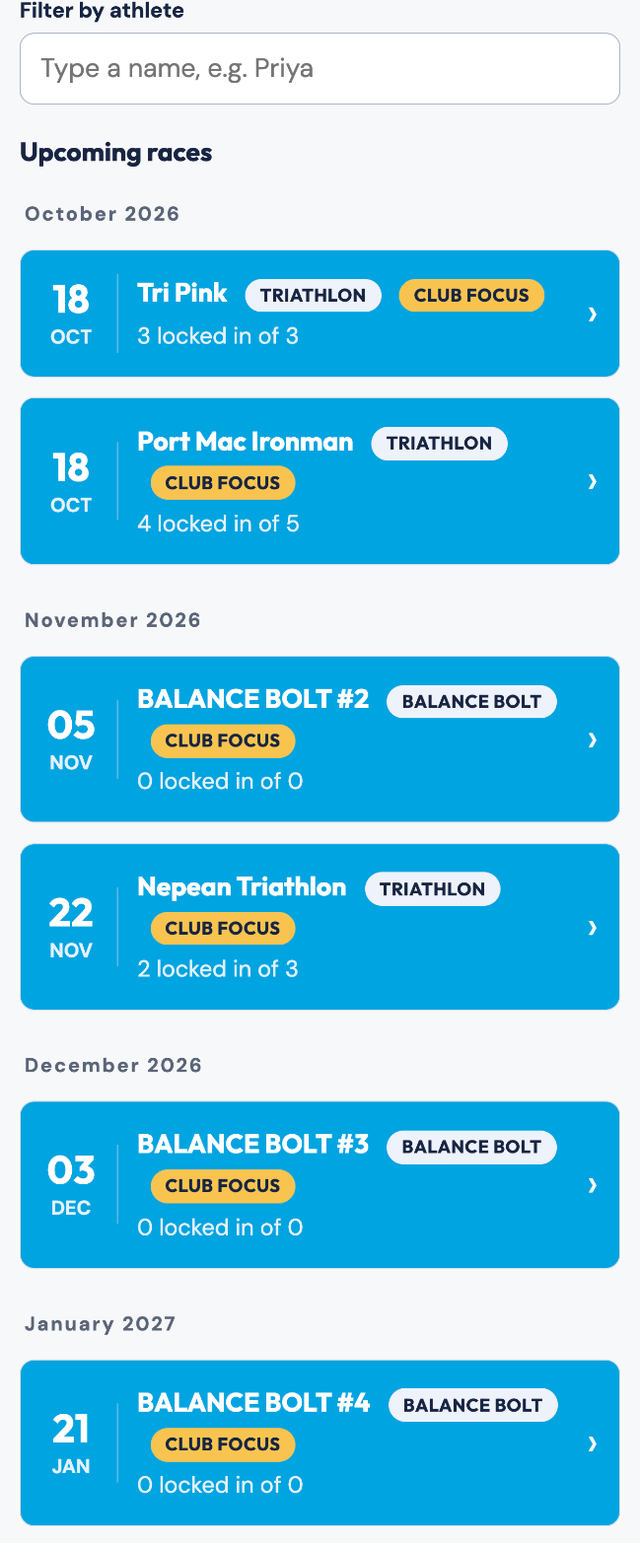 A list of upcoming races, each with date, type badge and locked-in count